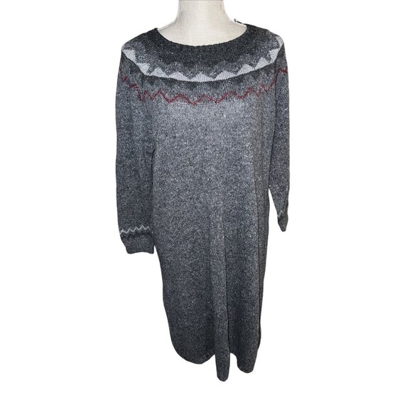 Bass Gray Knit Sweater Dress Red & White Patterned Yoke Long Sleeves Knee-Length - Picture 1 of 9